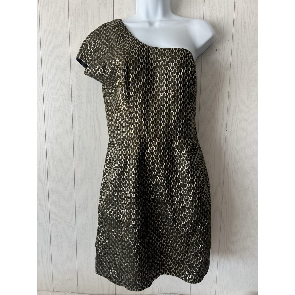 FRENCH CONNECTION Sz 8 Metallic Gold & Black One Shoulder A-line Dress Short